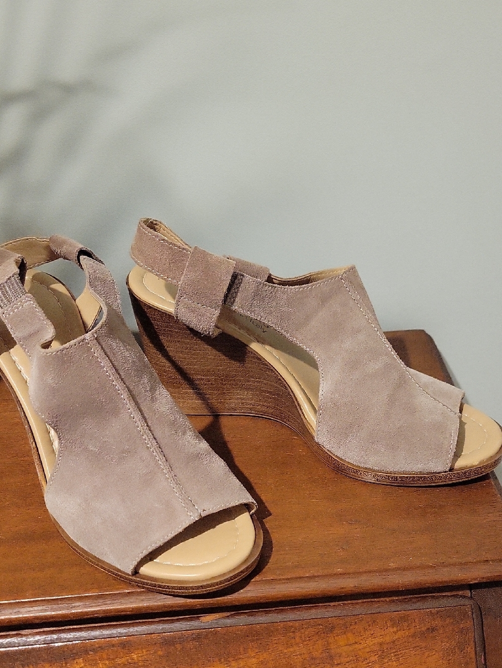 Women’s Taupe Suede Wedge Sandals - Slingback Peep Toe